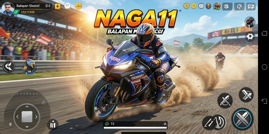 Screenshot gameplay NAGA11 menampilkan aksi balapan seru di trek berliku.