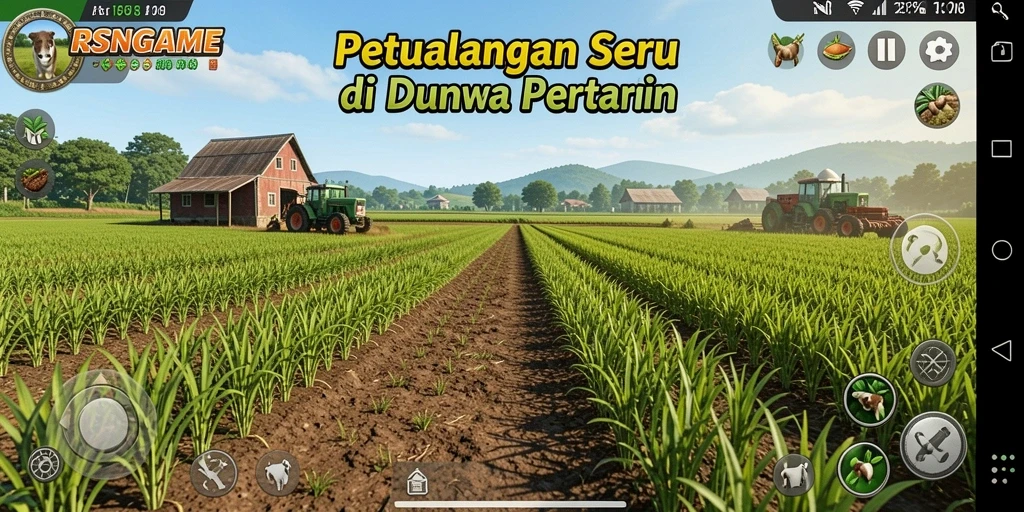Tampilan gameplay RSNGAME dengan kebun subur dan hewan ternak.
