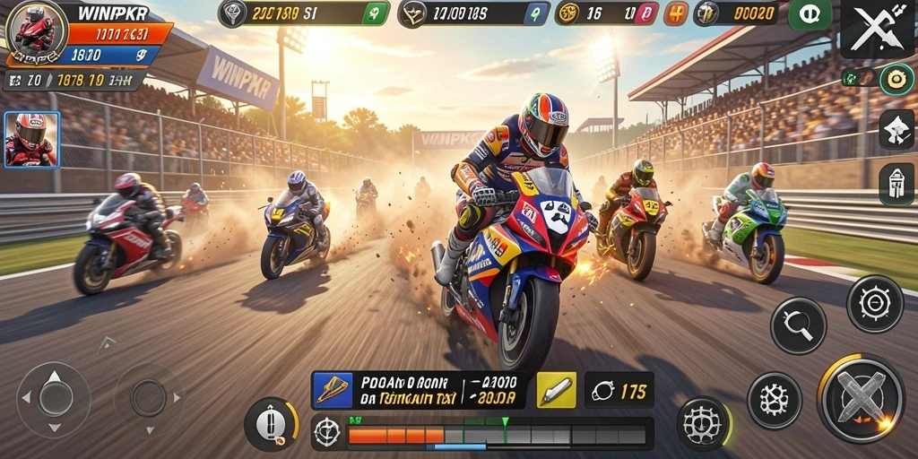 Screenshot gameplay WINPKR yang menunjukkan balapan motor yang seru dan intens.